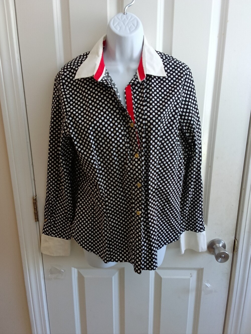 ANNE KLEIN Black Polka Dot Blouse with Red Trim SIZE 14 - Picture 3 of 7